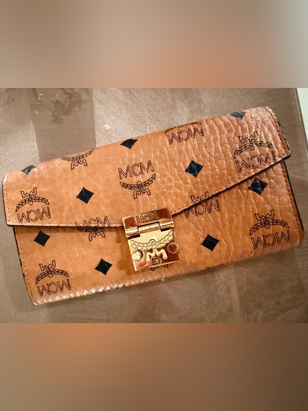 MCM Cognac Visetos Monogram Crossbody Wallet with Gold Hardware